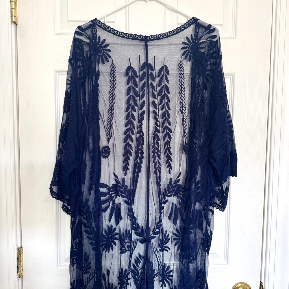 Boho Navy Blue Sheer lace Embroidered Kimono